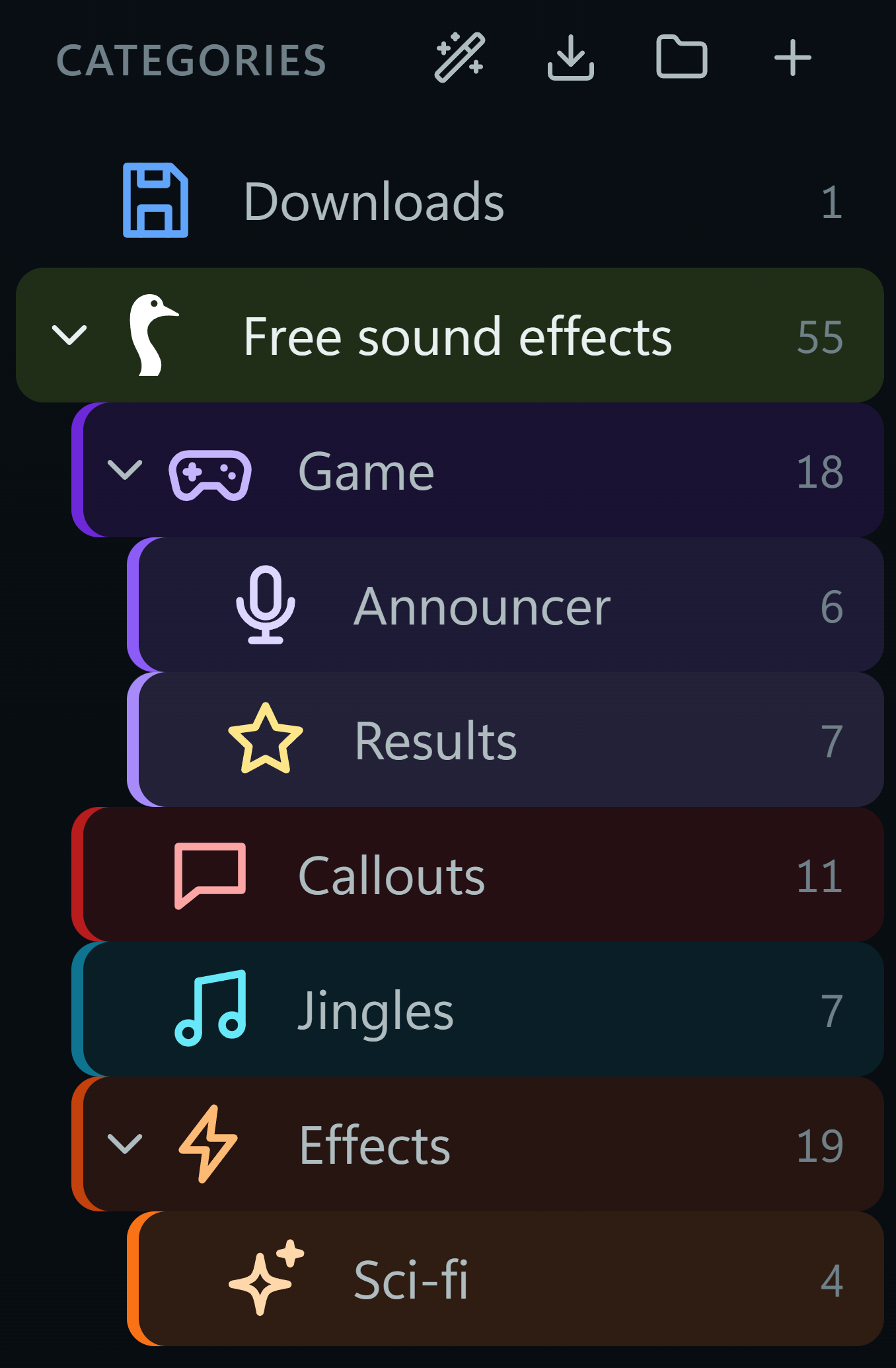 The category tree: Free sound effects holding Game (with Announcer and Results inside), Callouts, Jingles and Effects (with Sci-fi inside), each in its own color