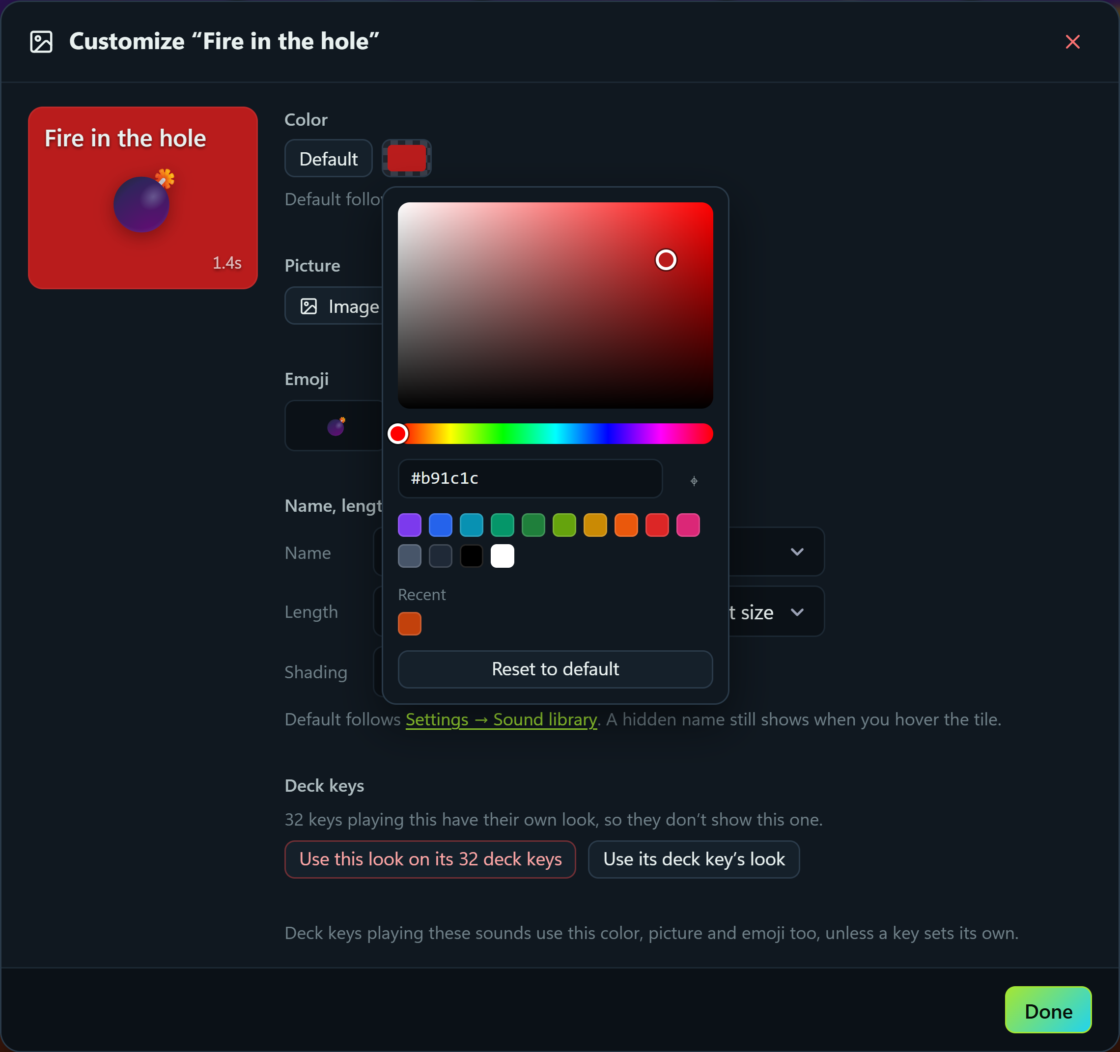 Customize a sound: color, picture, emoji, where its name and length sit and how big, flat or shaded, and buttons to share the look with its Stream Deck keys