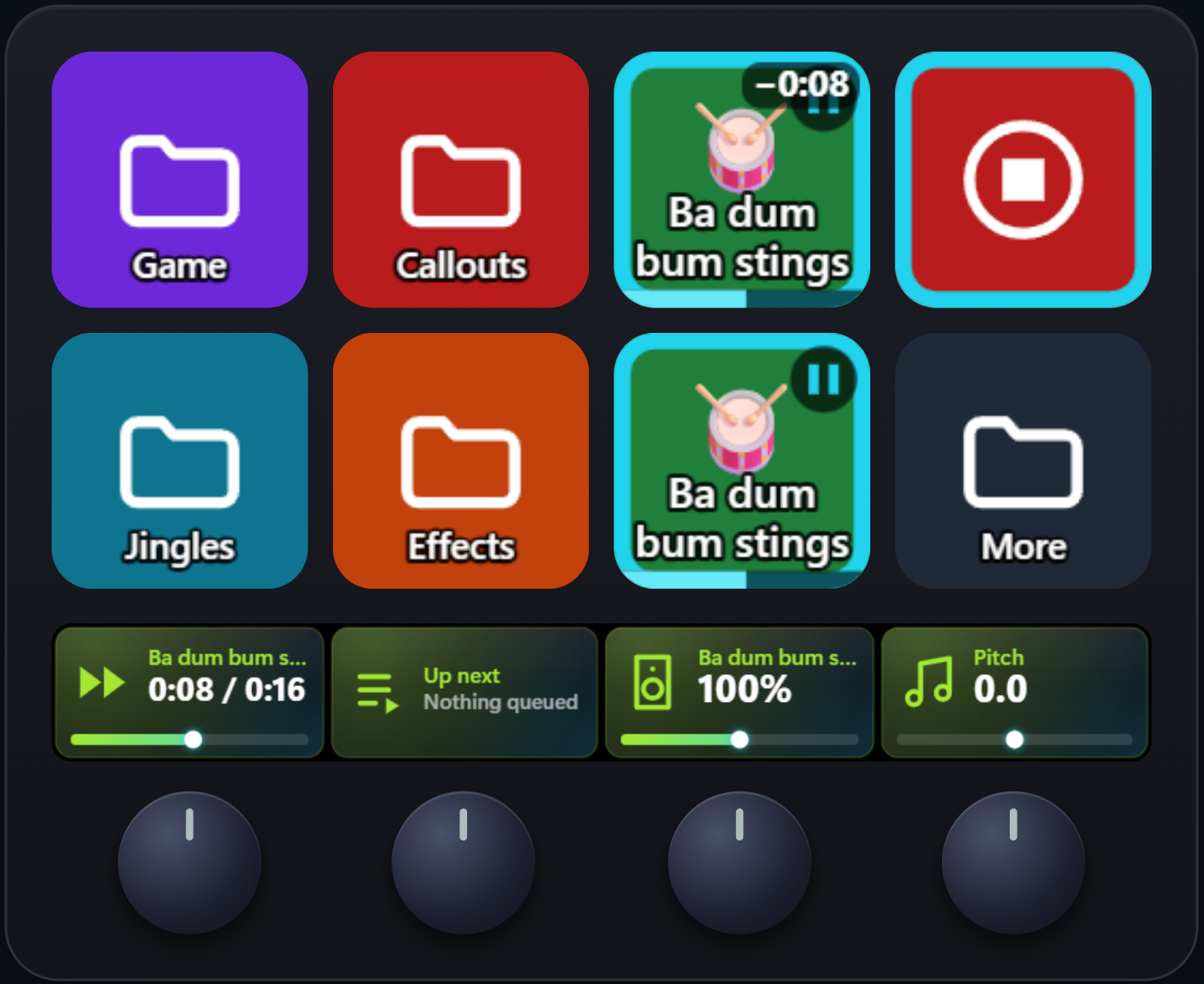 The example layout on a Stream Deck +: eight keys and four dials
