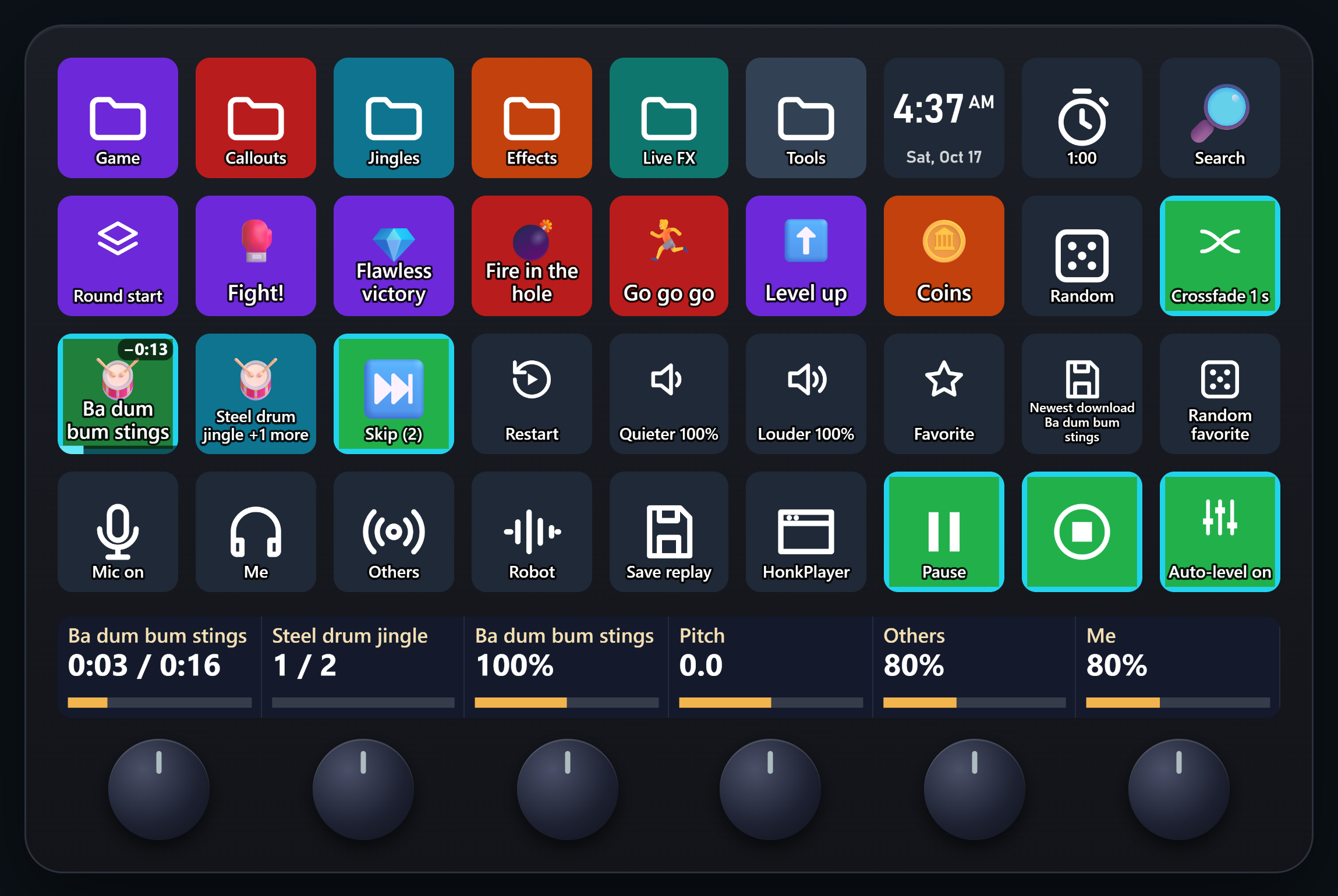 The example layout on a Stream Deck + XL: 36 keys and six dials