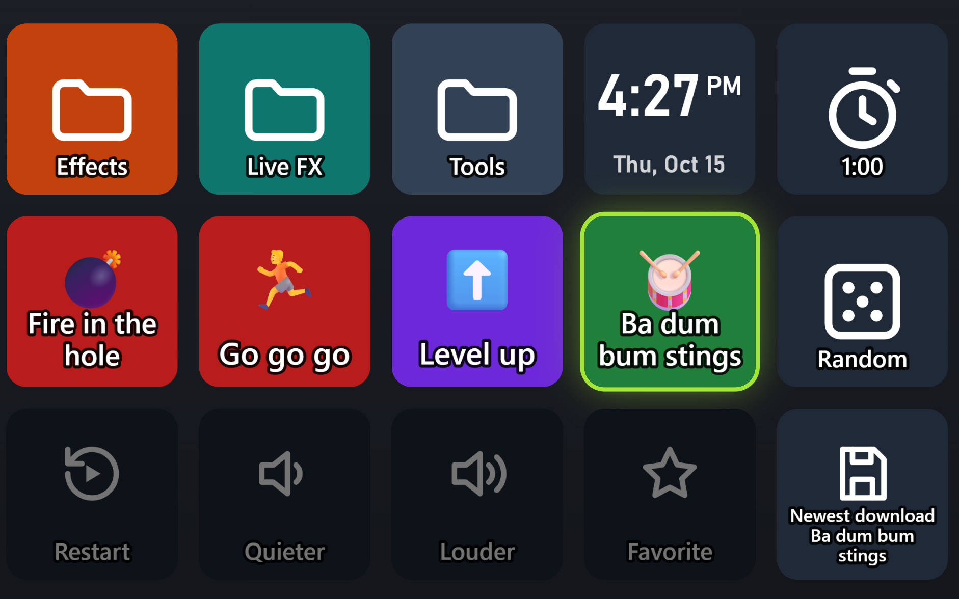 The new Ba dum bum stings key, with a drum emoji, on the Stream Deck layout