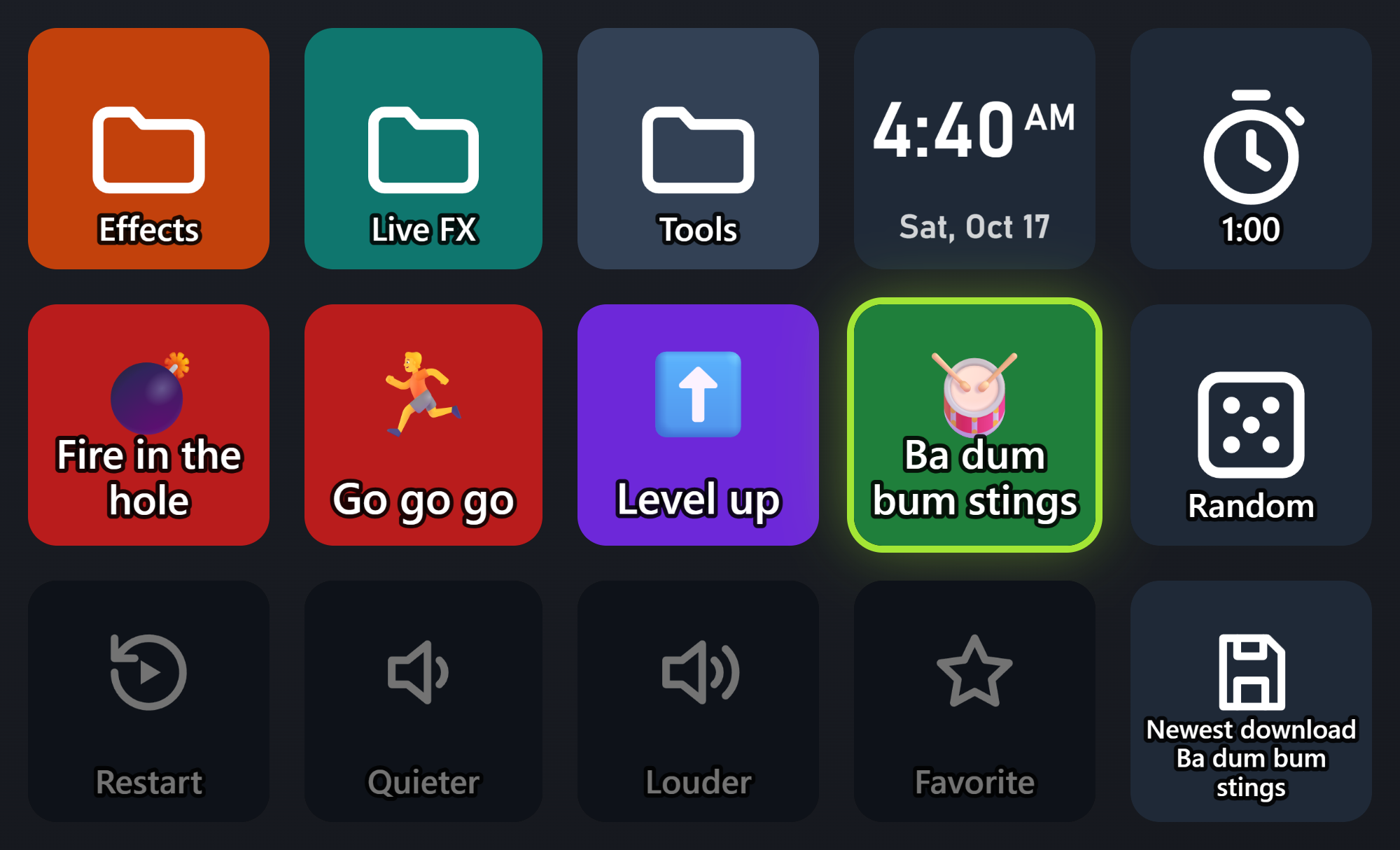 The new Ba dum bum stings key, with a drum emoji, on the Stream Deck layout