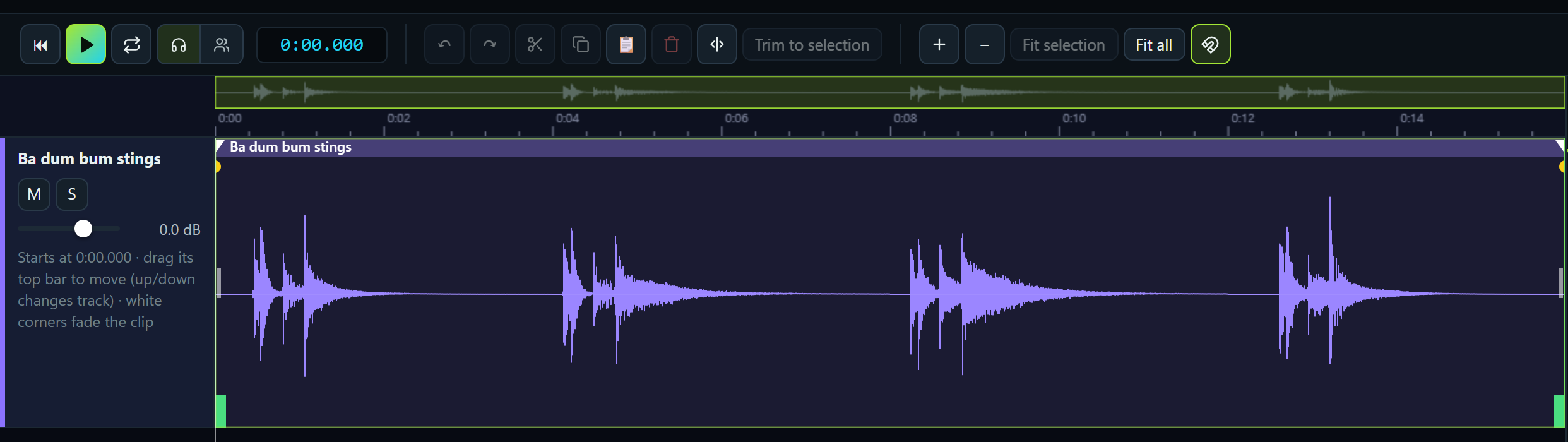 The editor open on the newly added sound, showing its waveform and editing tools
