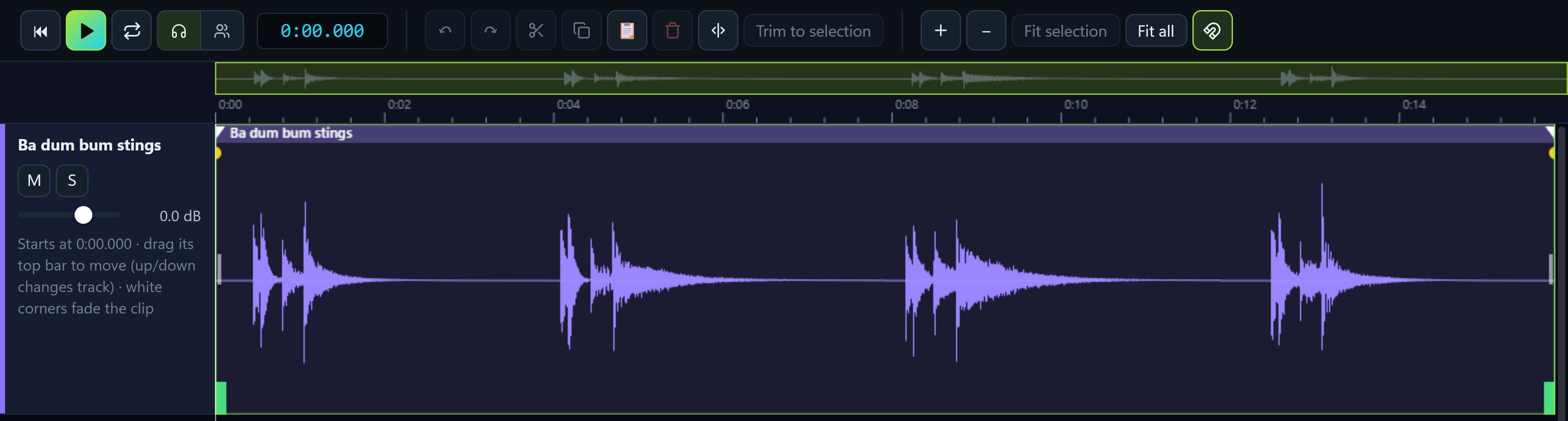 The editor open on the newly added sound, showing its waveform and editing tools