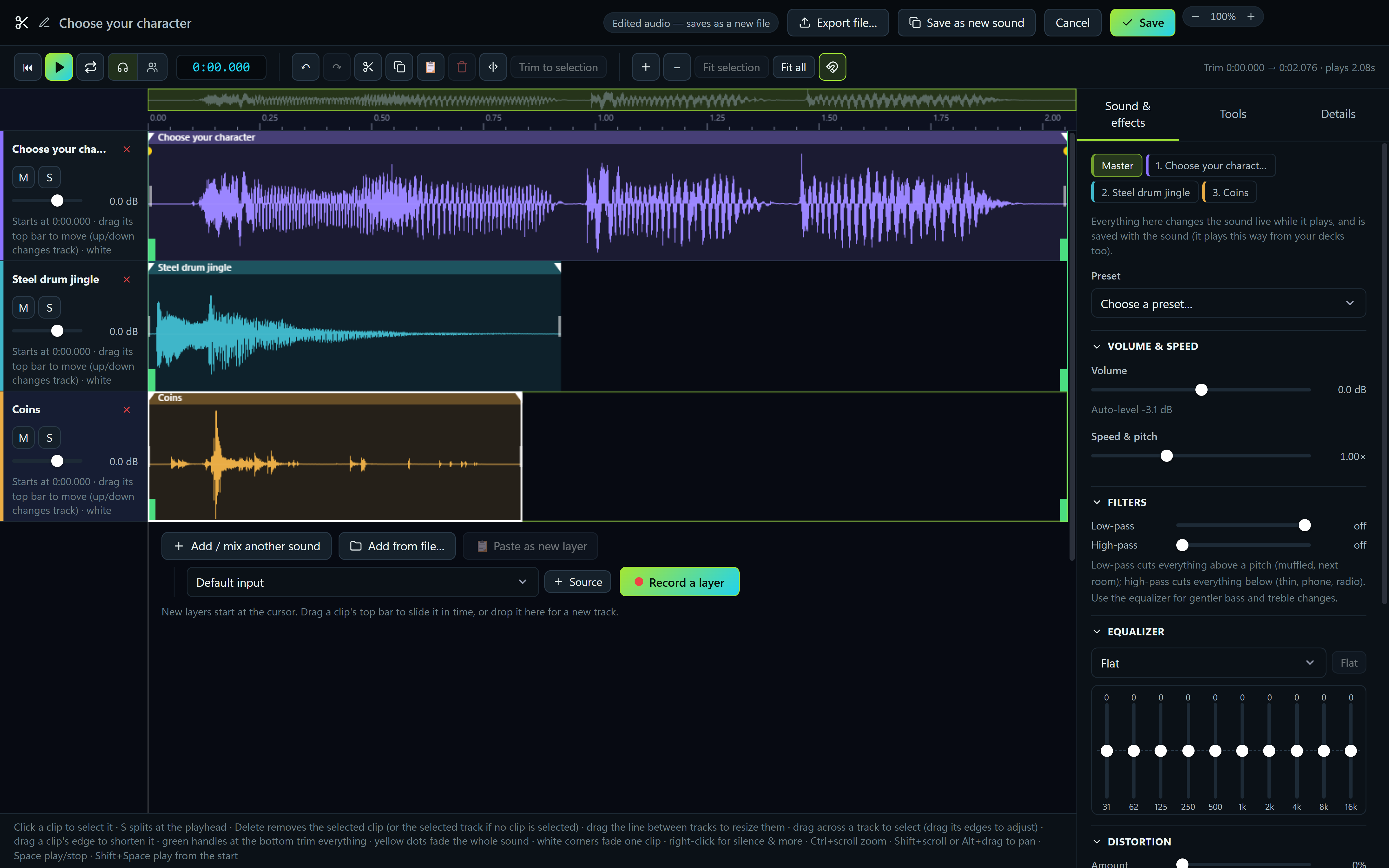 HonkBoard's editor with three layered tracks and the sound and effects panel
