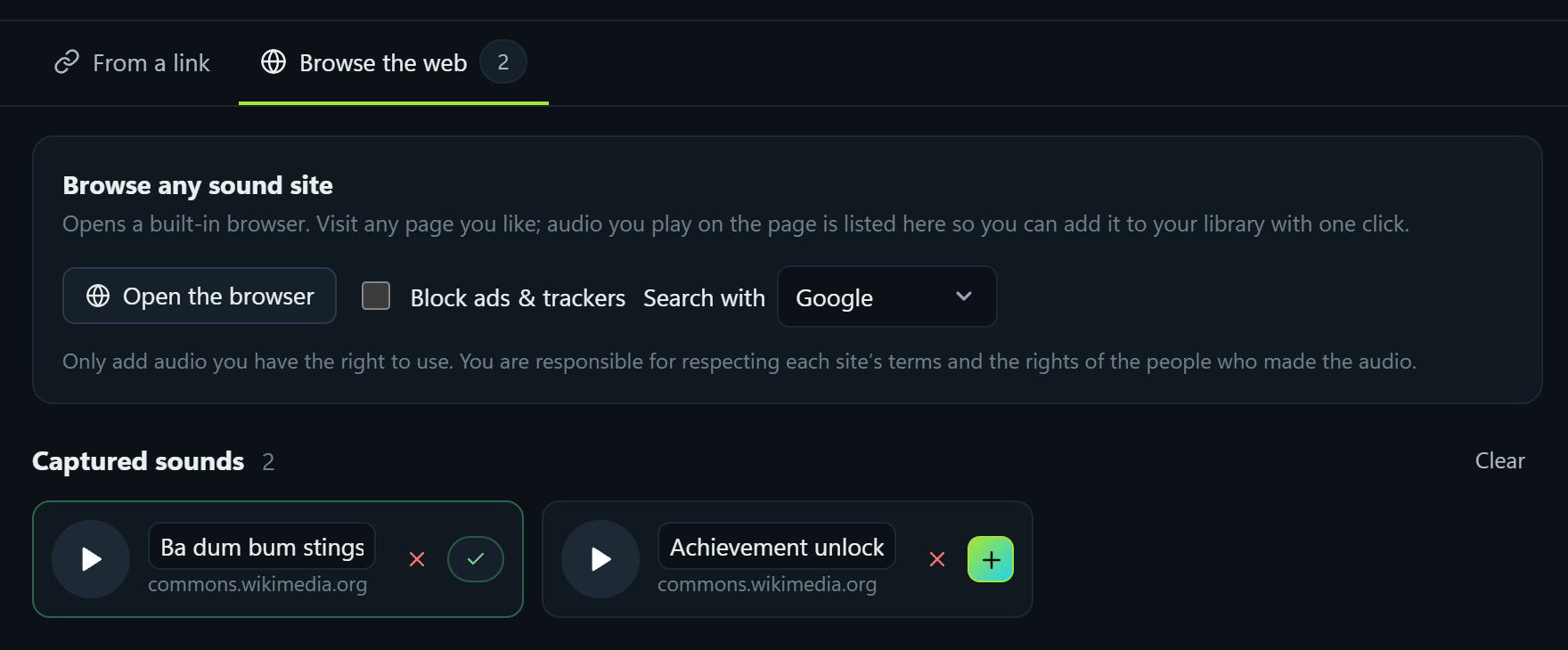 Find sounds: the Browse the web tab with two captured sounds, one already added to the library