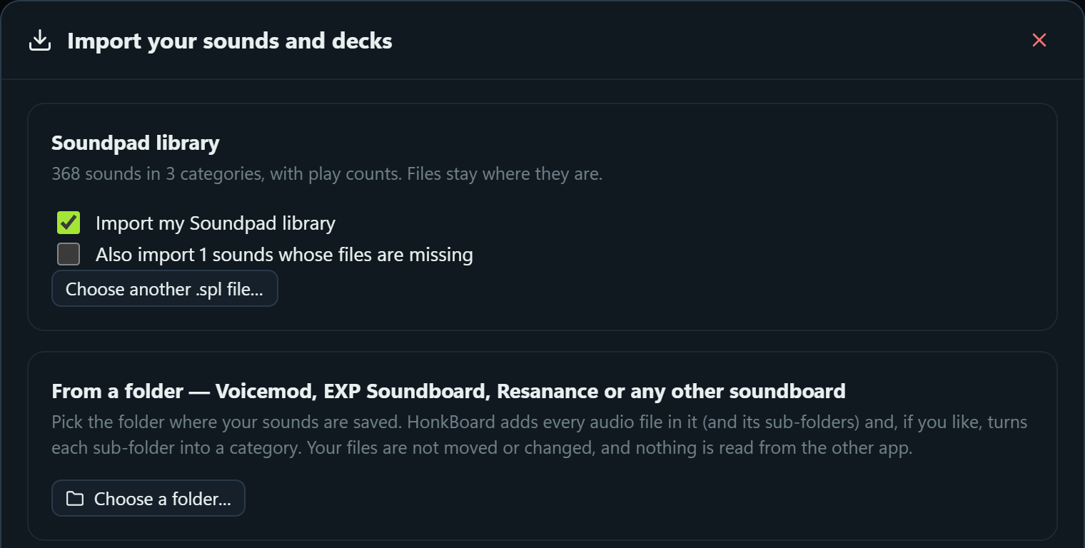 The import window: a Soundpad library of 368 sounds in 3 categories, ready to import, and importing from any folder