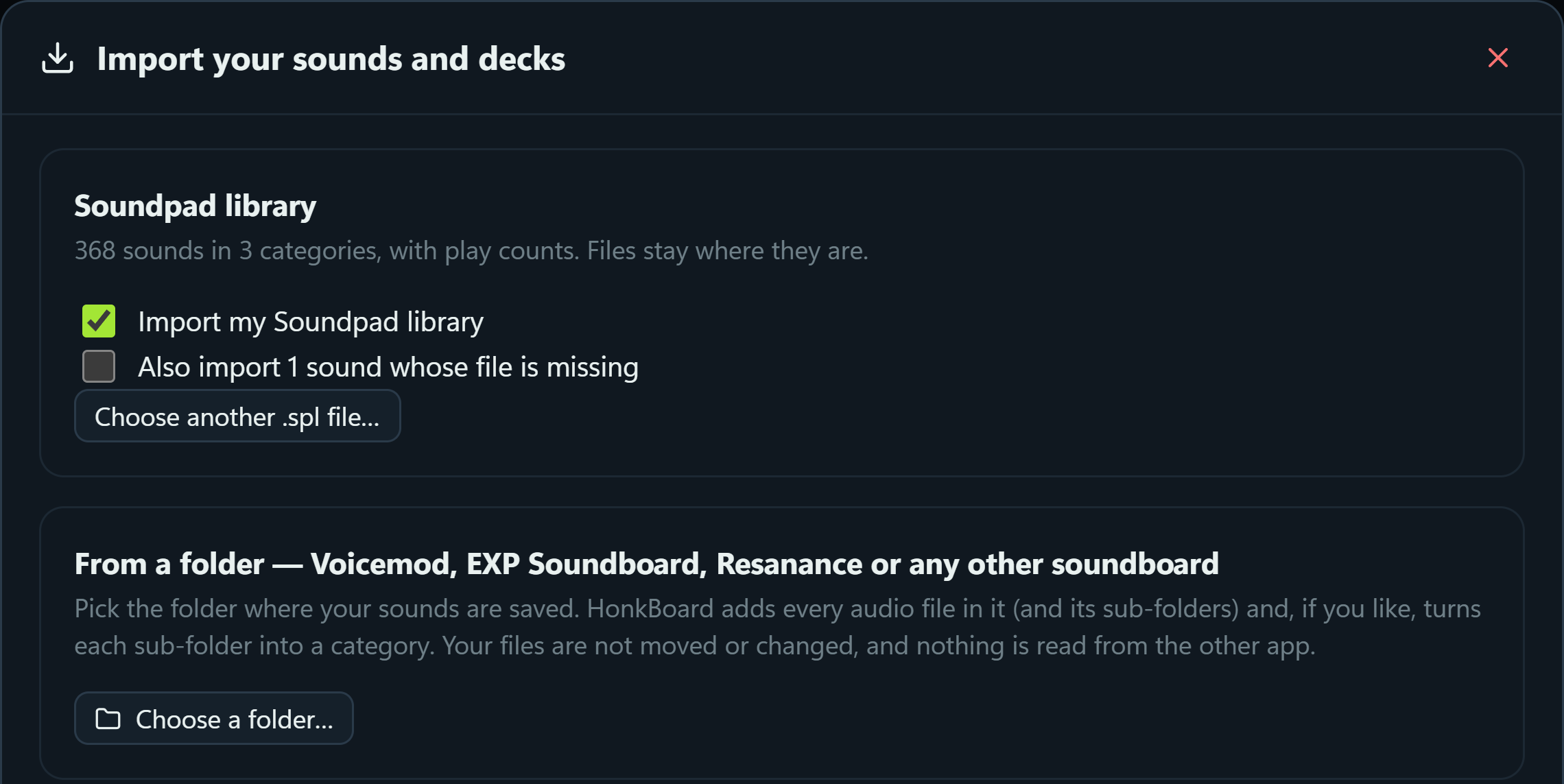 The import window: a Soundpad library of 368 sounds in 3 categories, ready to import, and importing from any folder
