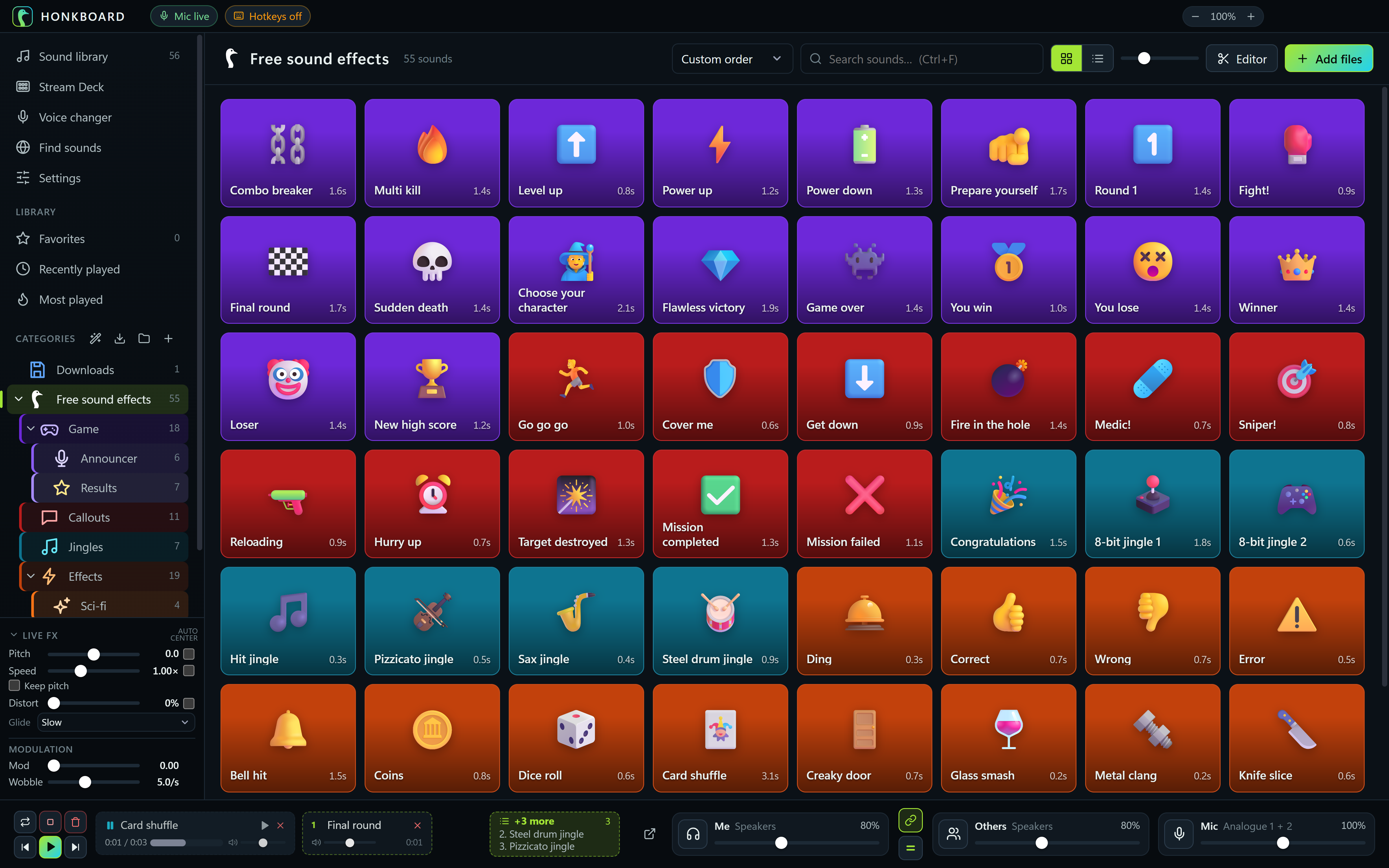 The sound library: the free sound effects as colorful tiles with emoji, grouped in Game, Callouts, Jingles and Effects sub-categories