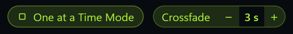 The play mode button set to One at a Time Mode, with crossfade at 3 seconds