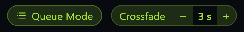 The play mode button set to Queue Mode, with crossfade at 3 seconds