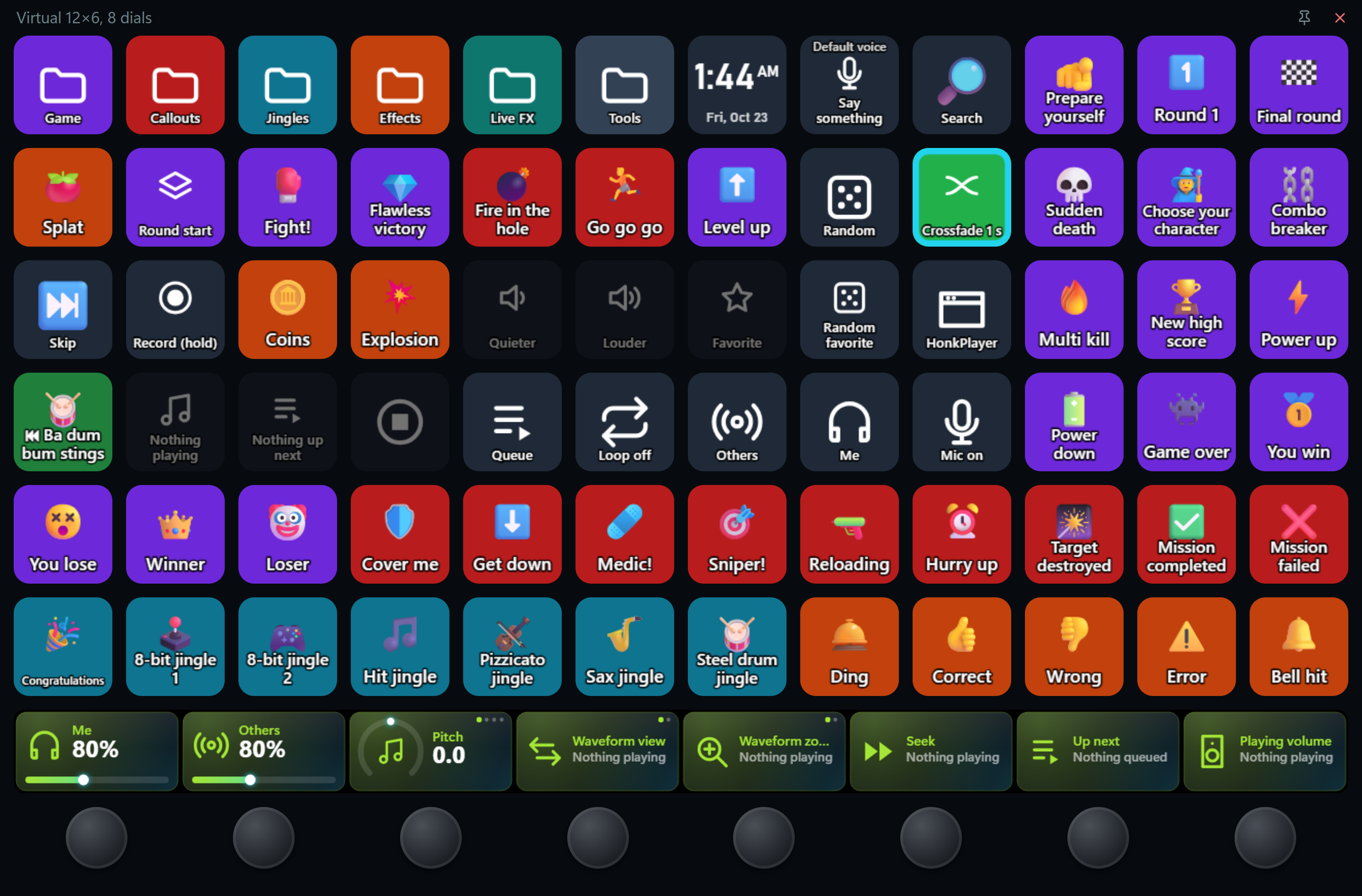 A virtual deck of 12 by 6 keys and eight dials with the example layout: folders, the clock, text to speech, search and the free sounds