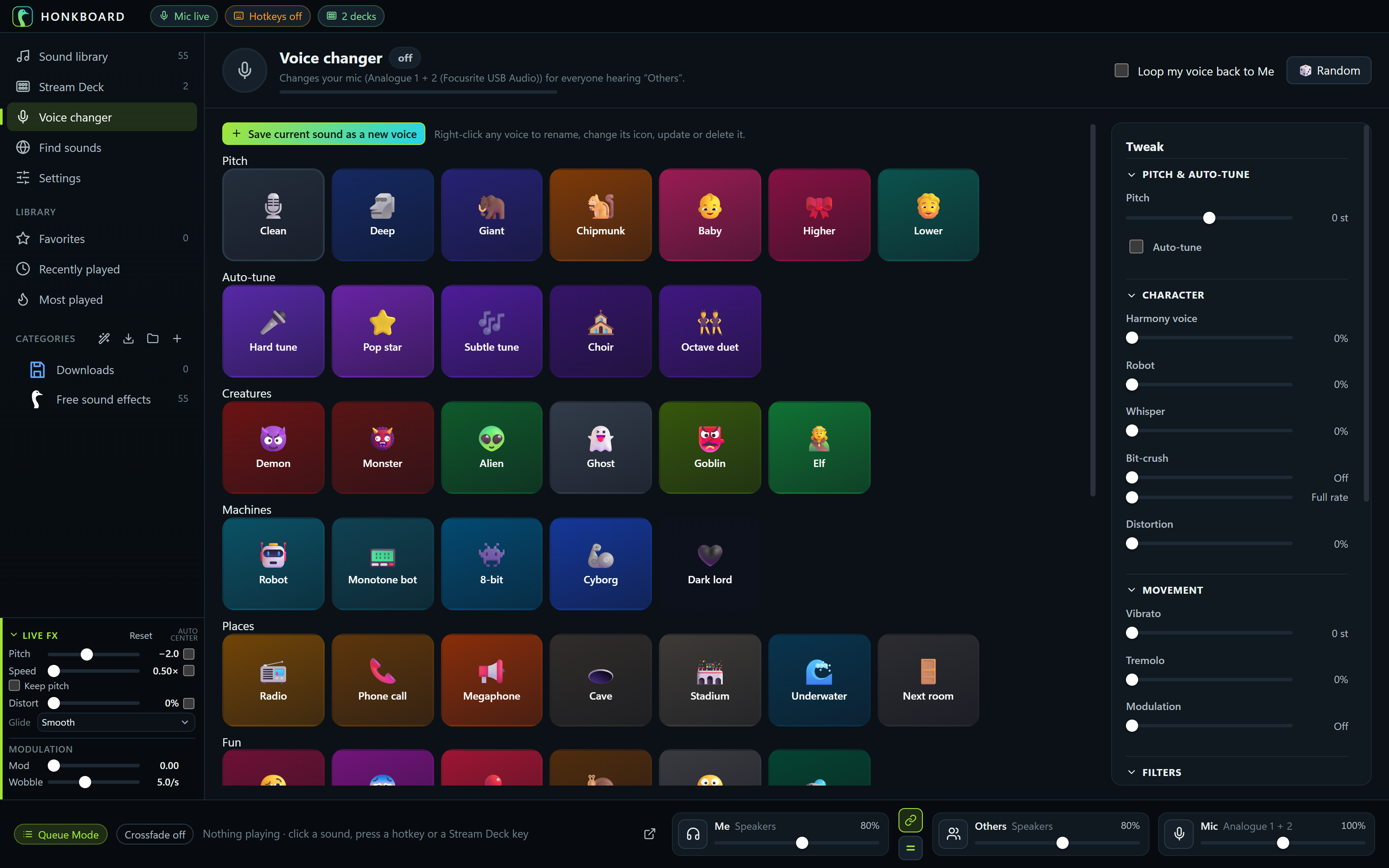 The voice changer: voices grouped as Pitch, Auto-tune, Creatures, Machines and Places, with a Tweak panel
